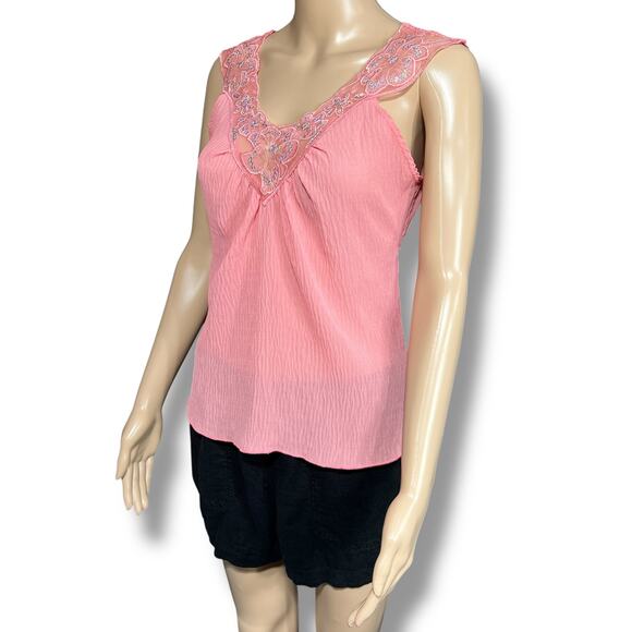 Uno Core Womens Blouse Top Sleeveless Pullover Sequin Nearly Sheer Pink Medium - Picture 6 of 10